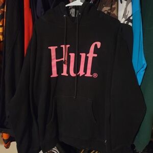 HUF Black Hoodie with Vibrant Pink Logo